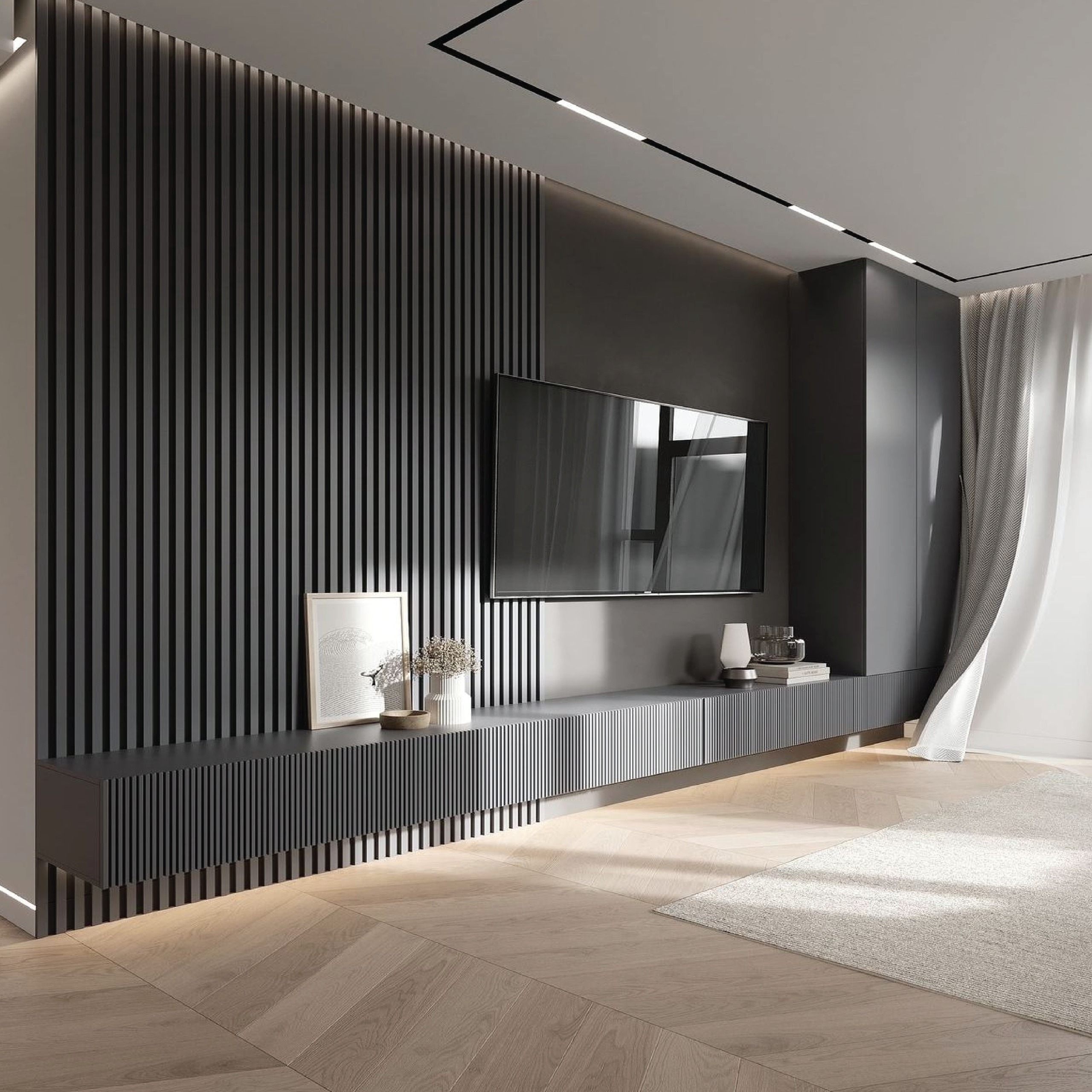 Fluted wall panels in a modern living room